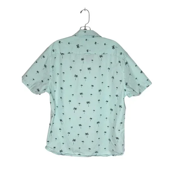 Denim & Flower Mens L Short Sleeve Button Down Shirt Baby Blue Palm Tree Print - Picture 5 of 13